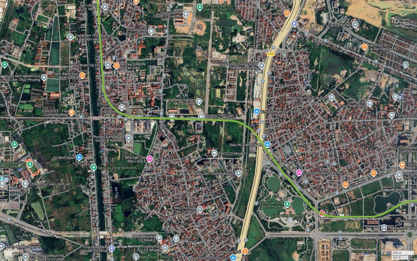 Ảnh vệ tinh đoạn metro số 11 qua Cổ Nhuế và cắt trục Phạm Văn Đồng có cầu cạn Vành đai 3 phía trên