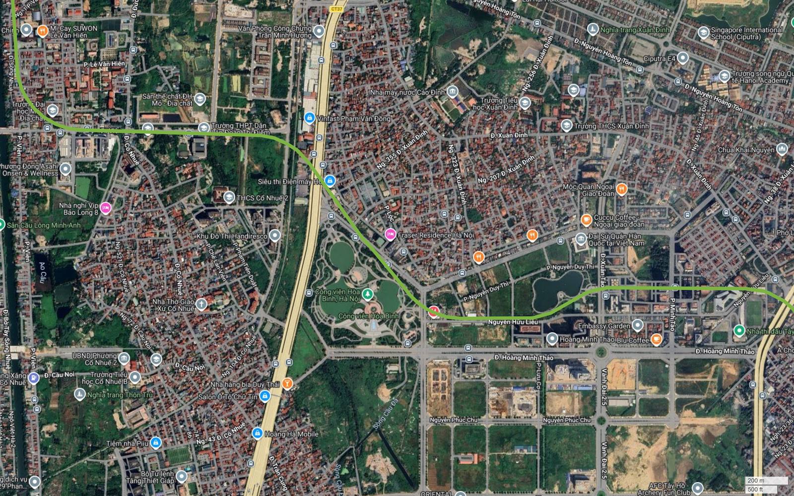 Ảnh vệ tinh đoạn metro số 11 qua Xuân Đỉnh và rìa khu Tây Hồ Tây, nơi còn nhiều ô đất trống chưa xây dựng