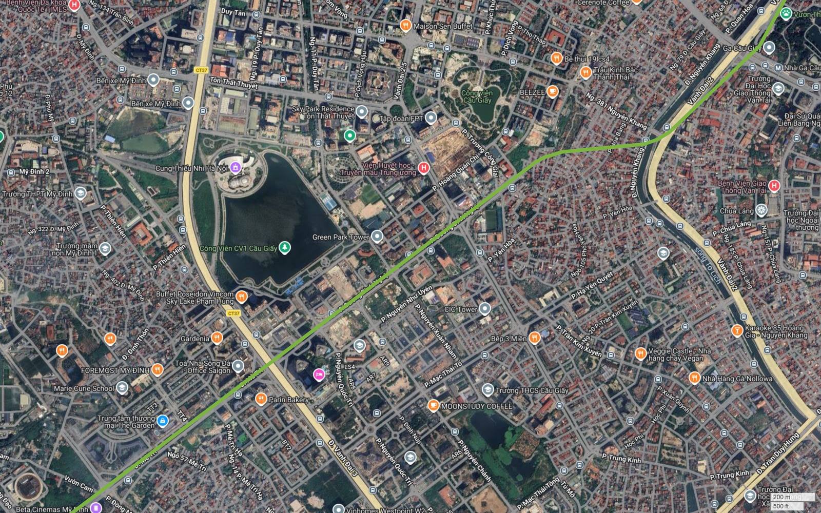 Ảnh vệ tinh đoạn metro số 11 qua Trung Hòa và Mỹ Đình với dải tháp văn phòng dọc Phạm Hùng và Trần Duy Hưng