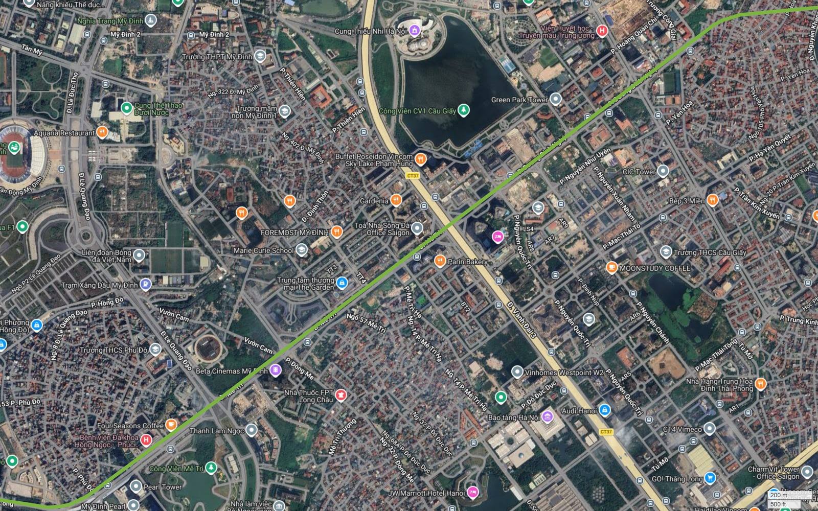 Ảnh vệ tinh tuyến metro số 11 cắt trục Phạm Hùng Vành đai 3 lần hai tại Mỹ Đình, khu vực có cầu cạn trên cao