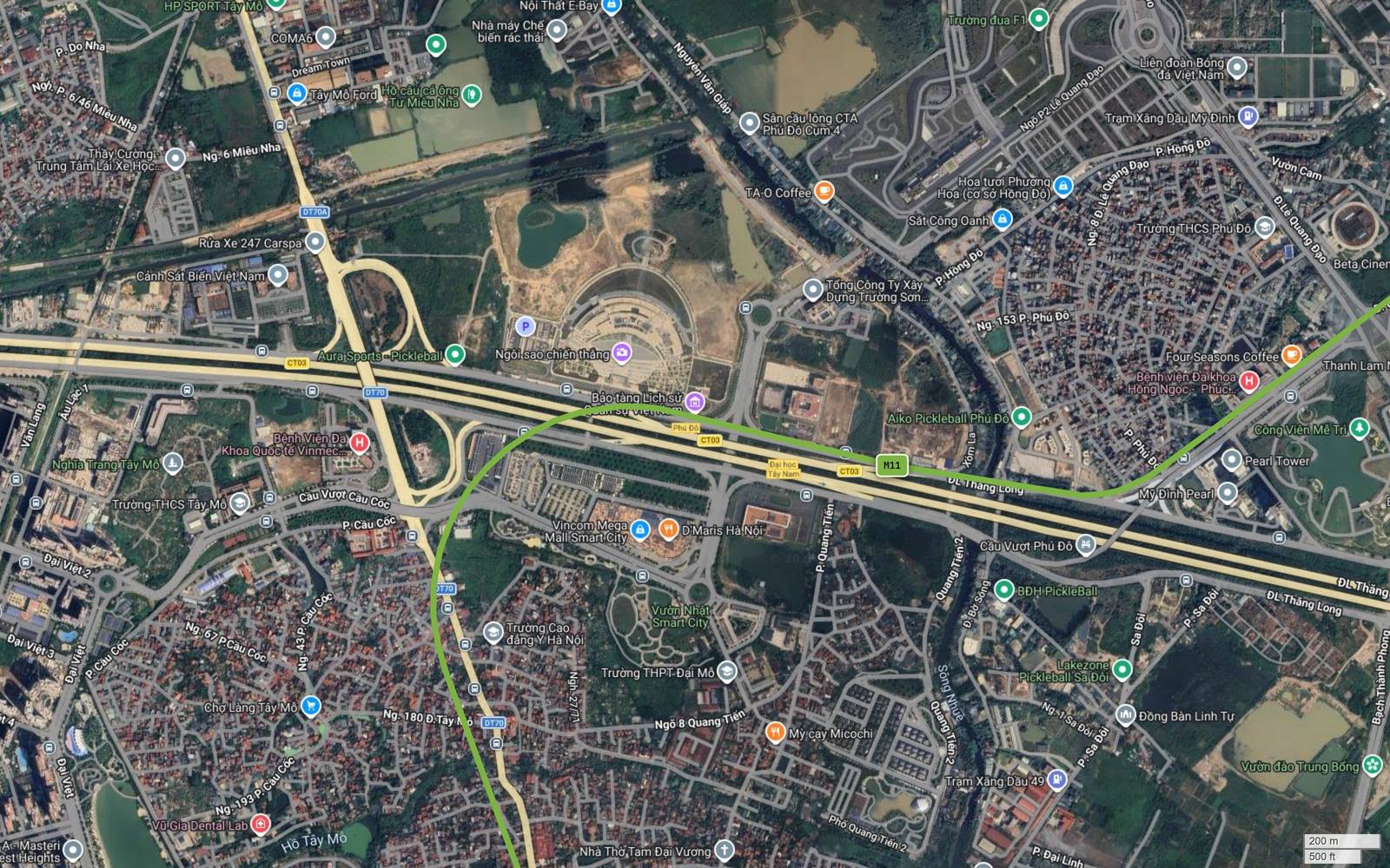 Ảnh vệ tinh nút Cầu Cốc nơi tuyến metro số 11 bẻ xuống đường 70, cạnh Vinhomes Smart City và Bệnh viện Vinmec