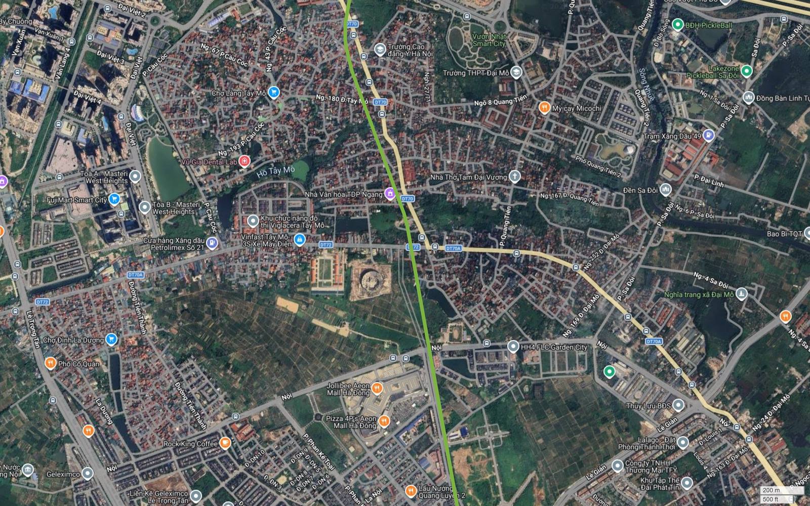 Ảnh vệ tinh đoạn metro số 11 qua Đại Mỗ tới Aeon Mall Hà Đông, hành lang mở rộng dần với nhiều ô đất trống