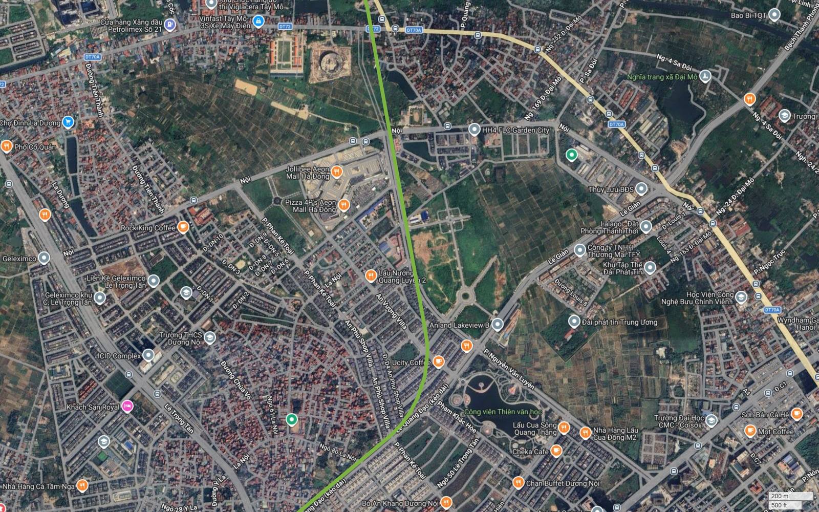 Ảnh vệ tinh đoạn metro số 11 qua Dương Nội giữa Aeon Mall Hà Đông và Công viên Thiên văn học, nhiều mảng đất trống hai bên