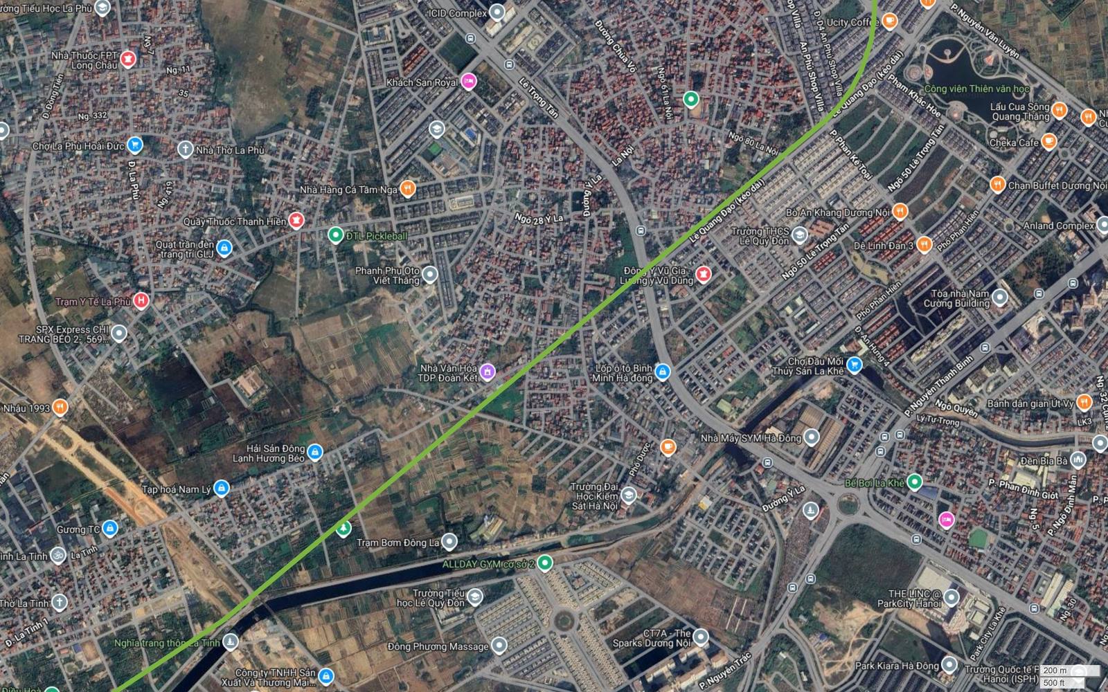 Ảnh vệ tinh đoạn metro số 11 qua La Phù và La Nội, tim tuyến chạy giữa làng nghề và khu đô thị ParkCity Hanoi