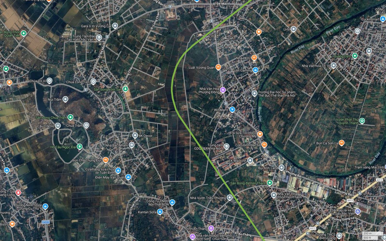 Ảnh vệ tinh đoạn metro số 11 qua Phượng Đồng và Yên Thành, khu vực bán sơn địa với núi đá và chùa cổ ở phía tây