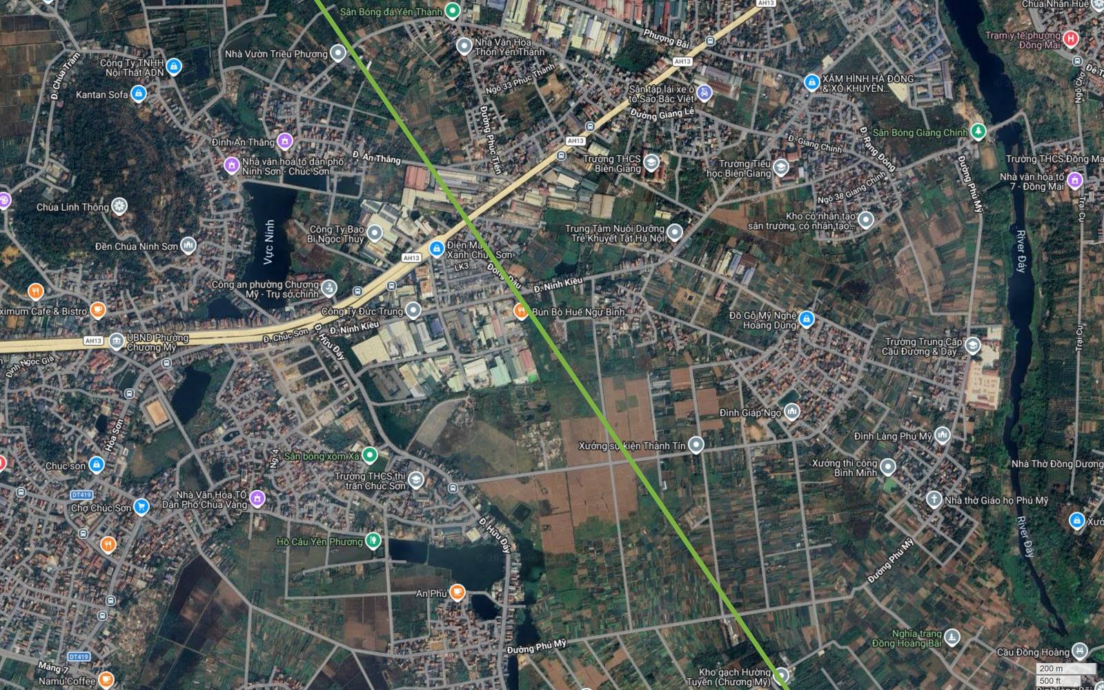 Ảnh vệ tinh đoạn cuối tuyến metro số 11 từ Chúc Sơn xuống Phú Mỹ, hai bên tim tuyến gần như toàn ruộng